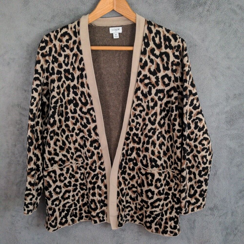 J. Crew Cardigan Sweater Long Open Front Leopard Print Size Medium Cotton